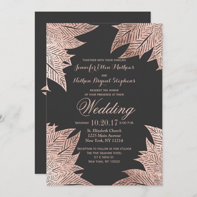 Rose Gold Leaves on Black Wedding Invitations (Front/Back)