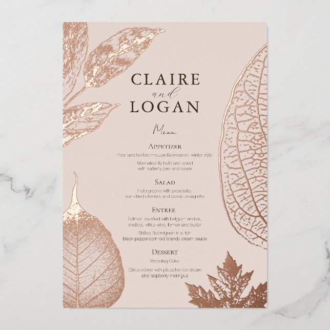 Rose Gold Leaves Pink Beige Wedding Menu Card (Front)