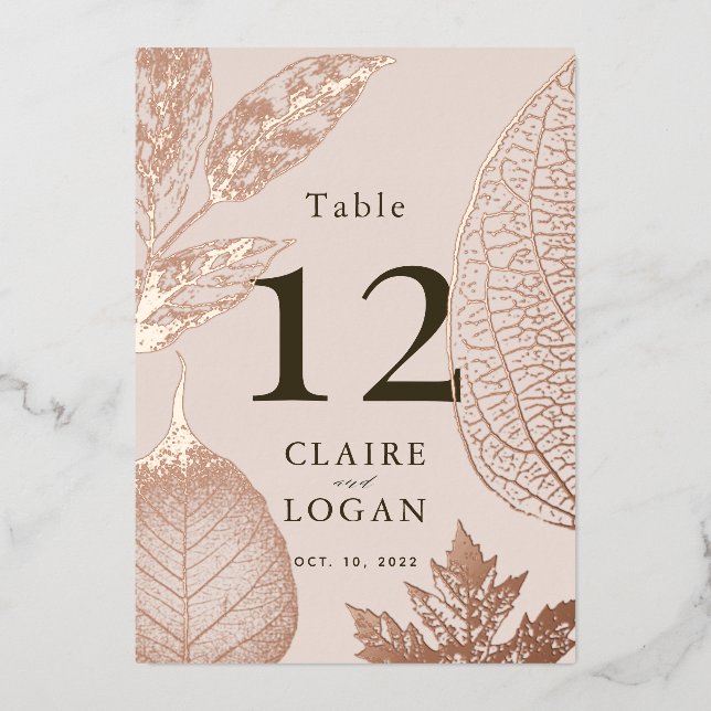 Rose Gold Leaves Pink Beige Wedding Table Number (Front)