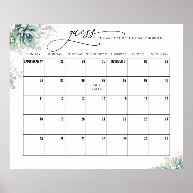 Rose Gold Leaves Succulent Guess Due Date Calendar Poster (Front)