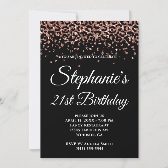 Rose Gold Leopard Border Black 21st Birthday Invitation (Front)