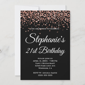 Rose Gold Leopard Border Black 21st Birthday Invitation