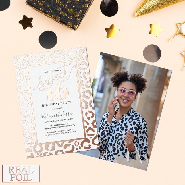 Rose Gold Leopard Cheetah Print Photo Sweet 16 (Creator Uploaded)