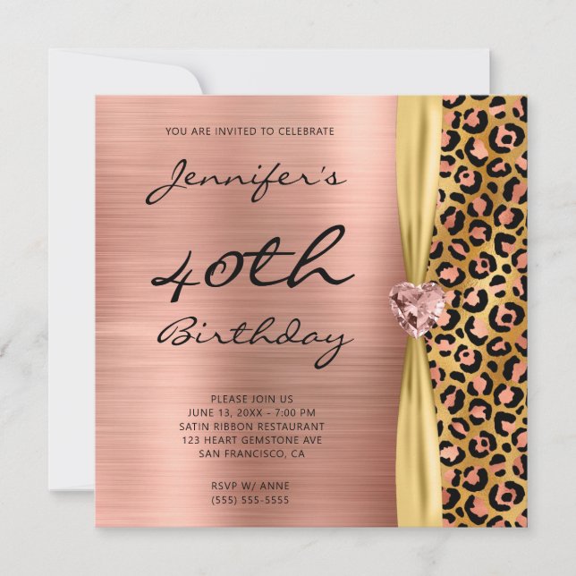 Rose Gold Leopard Foil Gem Ribbon 40th Birthday Invitation (Front)