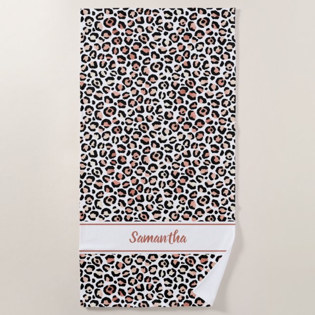 Rose Gold Leopard Print Personalised Beach Towel (Front)