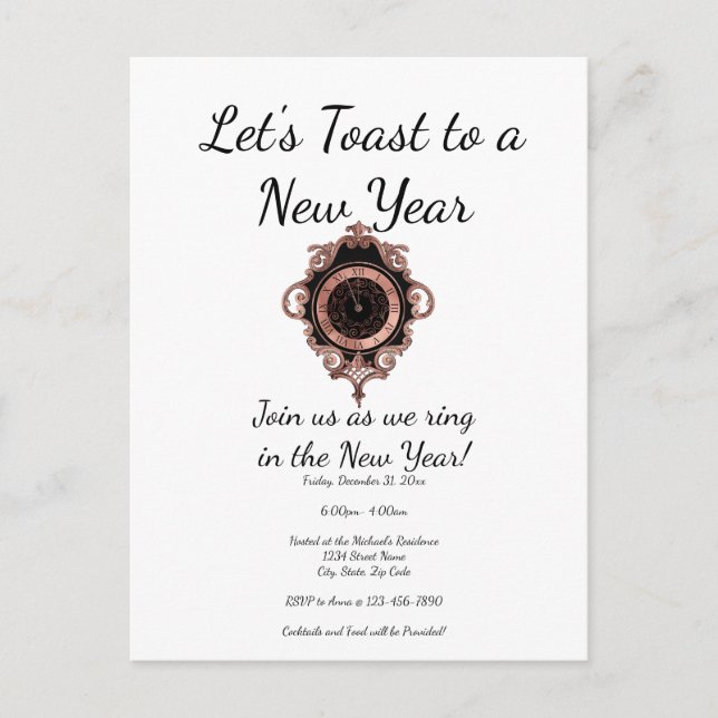Rose Gold Let's Toast New Year Party Invitation Postcard (Front)