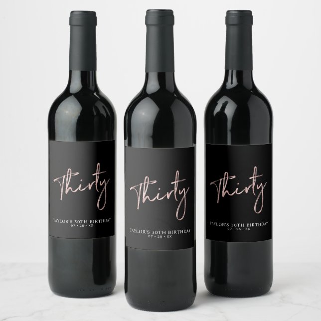 Rose Gold Lettering Thirty | 30th Birthday Party Wine Label (Bottles)