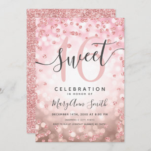 Rose Gold Lights Glitter Confetti 16th Birthday Invitation