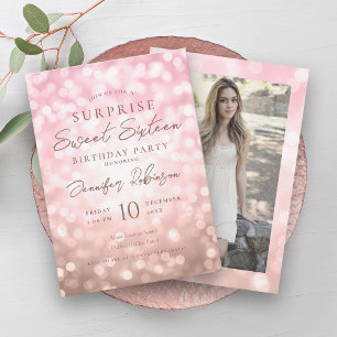 Rose Gold Lights Photo SURPRISE Sweet 16   Invitation