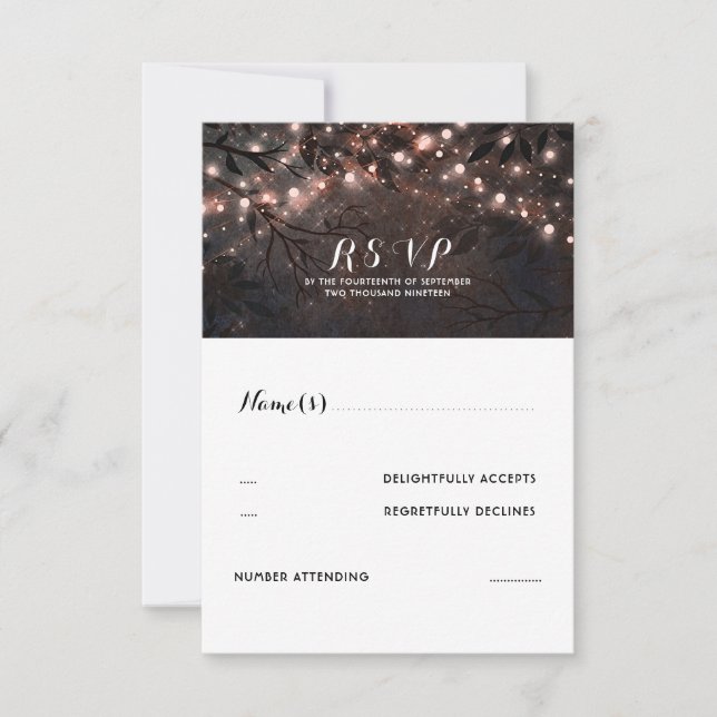 Rose Gold Lights Rustic Wedding RSVP Card (Front)