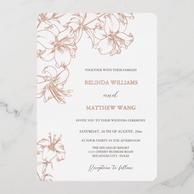 Rose Gold Line Art Lilies Wedding (Front)