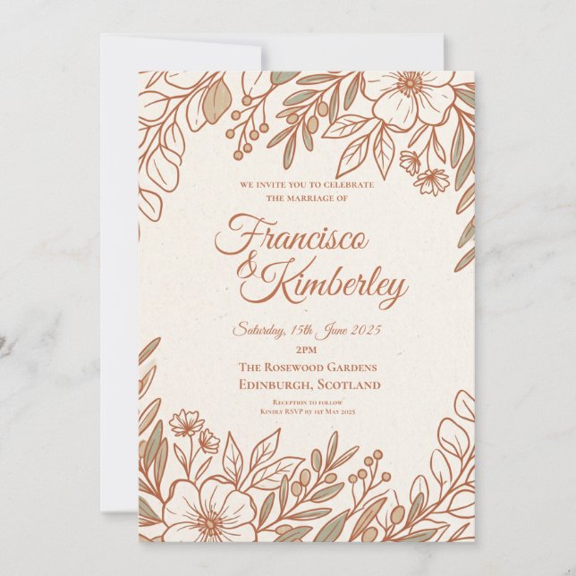 Rose Gold Line Floral Wedding Invitation (Front)