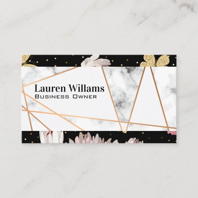Rose Gold Lines | Marble | Floral Butterfly Business Card (Front)