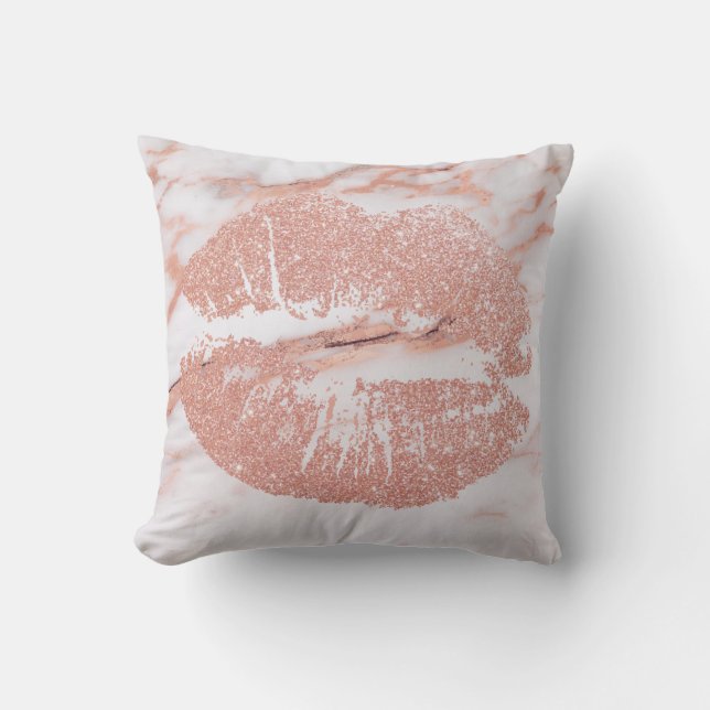Rose Gold Lips Glitter Blush Copper Kiss Marble Cushion (Front)