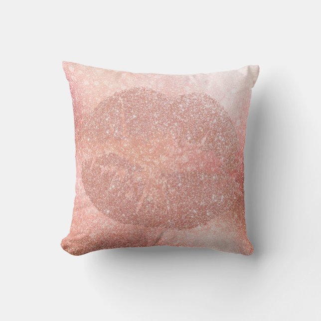 Rose Gold Lips Glitter Blush Sparkly Kiss Glam Cushion (Front)