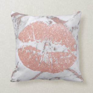 Rose Gold Lips Glitter Blush Sparkly Kiss Marble Cushion