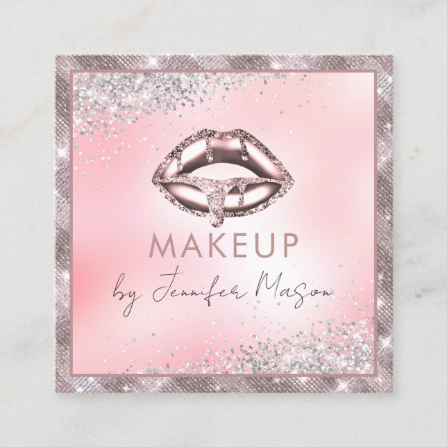 Rose Gold Lips Glitter Makeup Artist Unique Beauty Square Business Card (Front)