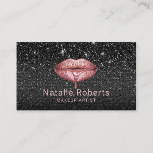 Rose Gold Lips Makeup MArtist odern Black Glitter Business Card