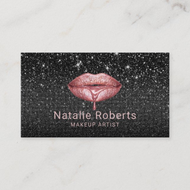 Rose Gold Lips Makeup MArtist odern Black Glitter Business Card (Front)