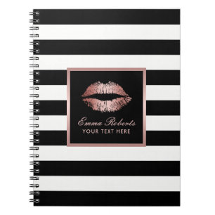 Rose Gold Lips Modern Black & White Stripes Notebook