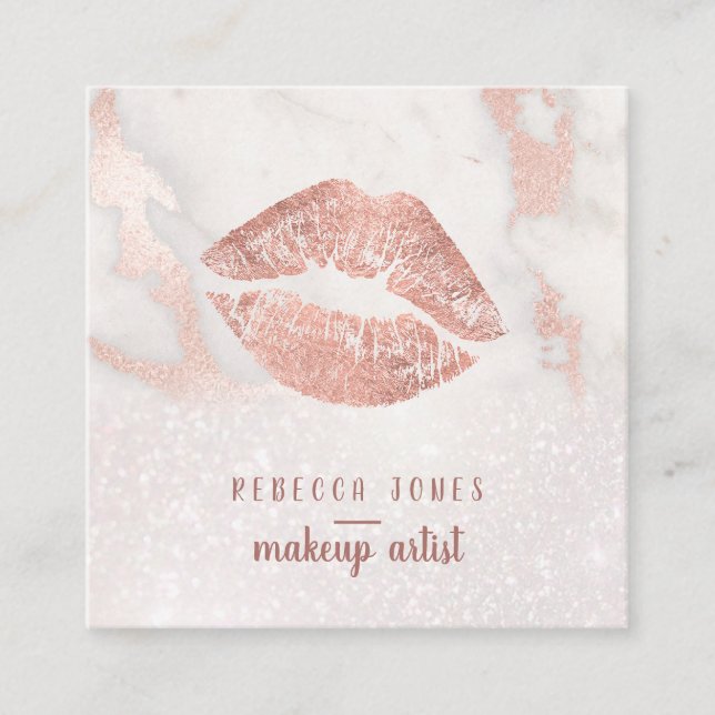 rose gold lips on pink marble and faux glitter square business card (Front)