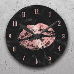 Rose Gold Lipstick Kissing Modern Black Marble Round Clock<br><div class="desc">Rose Gold Lipstick Kissing Modern Black Marble Clocks.</div>