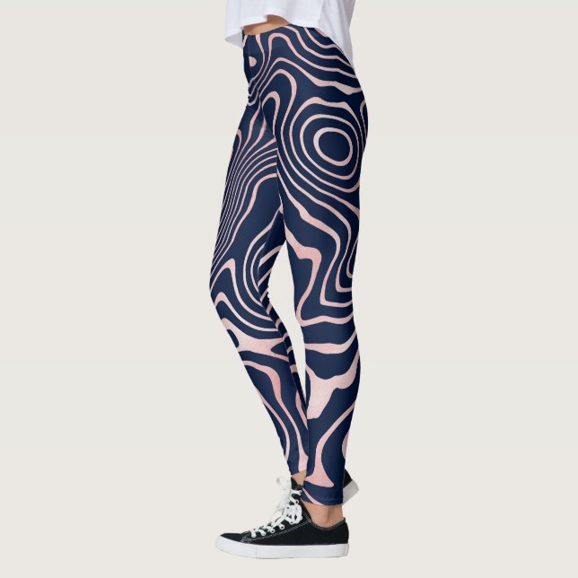 Rose Gold liquid swirl Abstract Blue Design Leggings (Left)