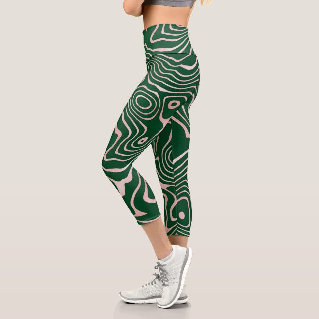 Rose Gold liquid swirl Abstract Green Design Capri Leggings (Left)