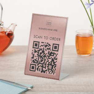 Rose Gold Logo Business Scan To Order Pay QR Code Pedestal Sign