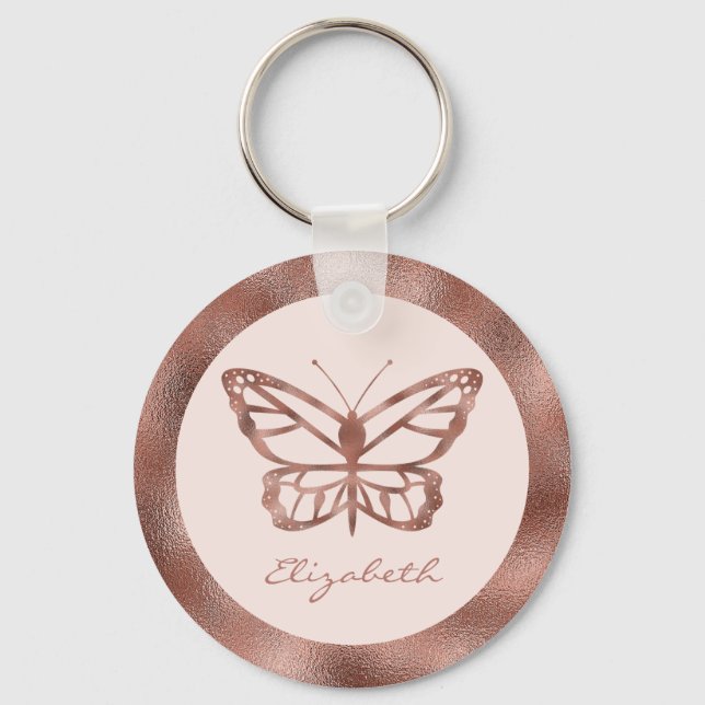 Rose Gold Look-like Butterfly On Blush Pink & Name Key Ring (Front)