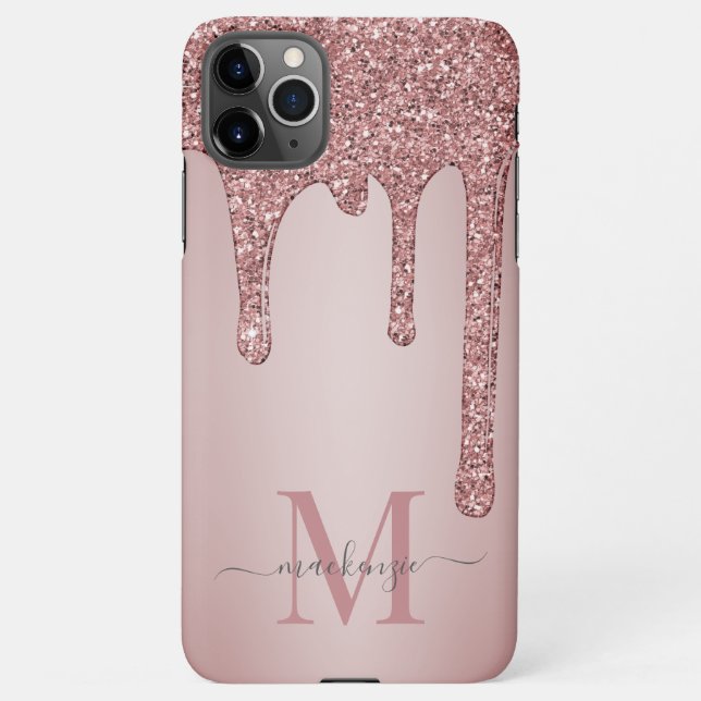 Rose Gold Luxury Glam Glitter Drips Monogram iPhone Case (Back)
