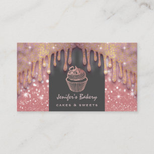 Rose gold luxury glittery drips cupcake bakery business card