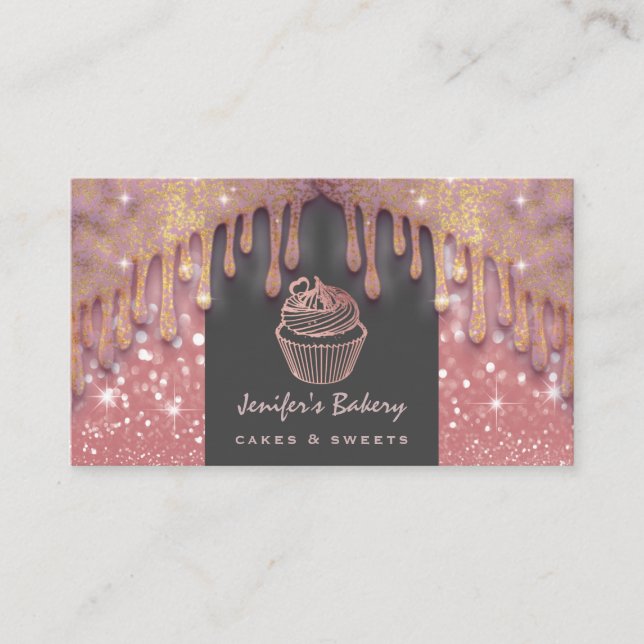Rose gold luxury glittery drips  cupcake bakery business card (Front)