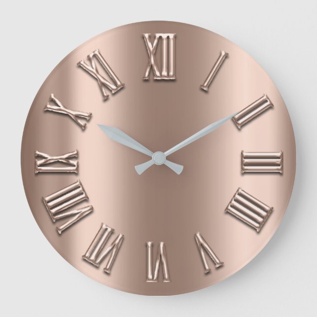 Rose Gold Luxury Metal Skinny Silver Roman Numbers Large Clock (Front)