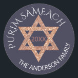 Rose Gold Magen David Custom Purim Any Holiday Classic Round Sticker<br><div class="desc">Create your own custom Purim stickers with this stylish faux rose gold glitter Magen David design or edit PURIM SAMEACH for any holiday or occasion. The rose gold Star of David is accented by an optional year in dusty mauve in the centre and two crisp white text templates in mixed...</div>