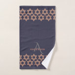 Rose Gold Magen David Monogram Netilat Yadayim Hand Towel<br><div class="desc">Personalise this monogram Netilat Yadayim hand towel for the ritual washing of the hands as a gift for Purim, Passover or any holiday or special occasion. The deep Eclipse navy blue background features a double row of faux rose gold glitter Star of David symbols on both edges. Your optional monogram...</div>