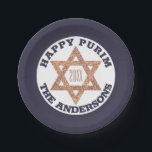 Rose Gold Magen David Star Happy Purim Party Paper Plate<br><div class="desc">Set a festive party table with these custom Happy Purim paper plates in blue and white with a faux glitter rose gold Magen Daveid star and your custom text. The deep navy blue is the background for a white centre, matching dark blue text that can be personalised with your name...</div>