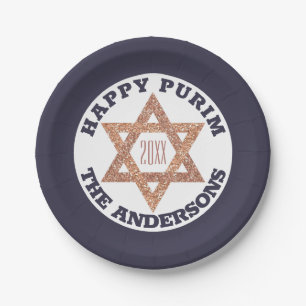 Rose Gold Magen David Star Happy Purim Party Paper Plate