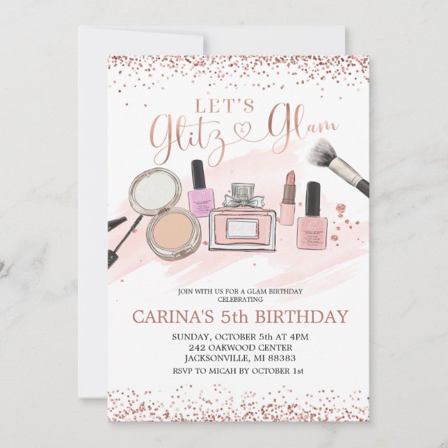 Rose Gold Makeover Girl Birthday party invitation (Front)