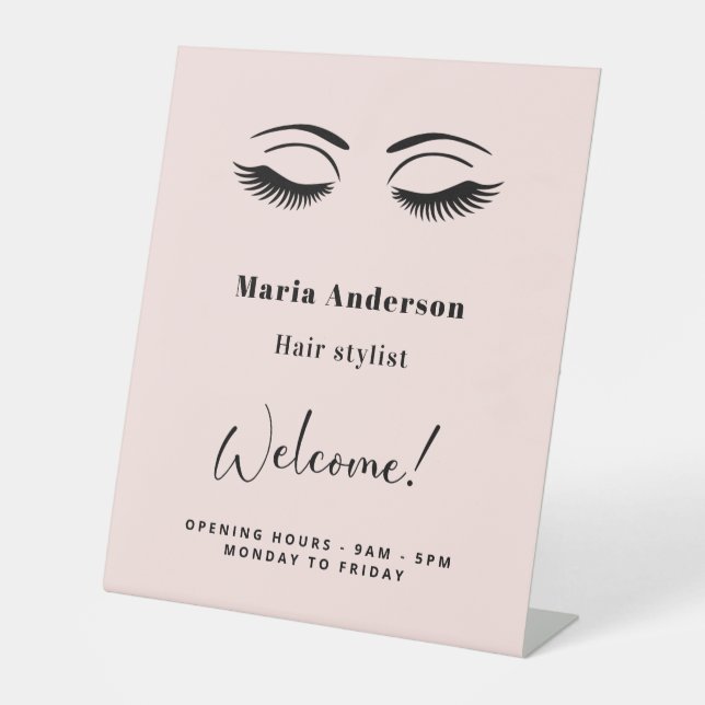 Rose gold makeup artist opening hours welcome pedestal sign (Front)
