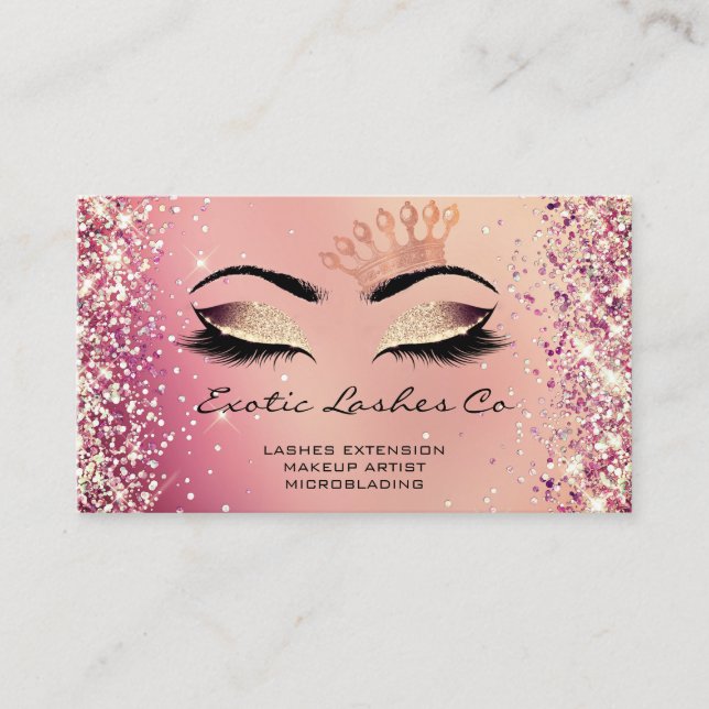 Rose Gold Makeup Glitter Lashes Crown  Logo QR  Business Card (Front)