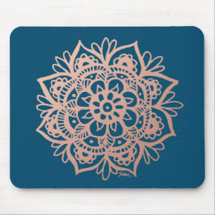 Rose Gold Mandala Flower on Dark Blue Mouse Mat