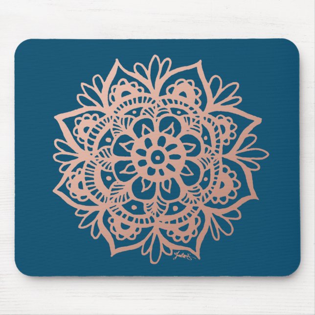 Rose Gold Mandala Flower on Dark Blue Mouse Mat (Front)