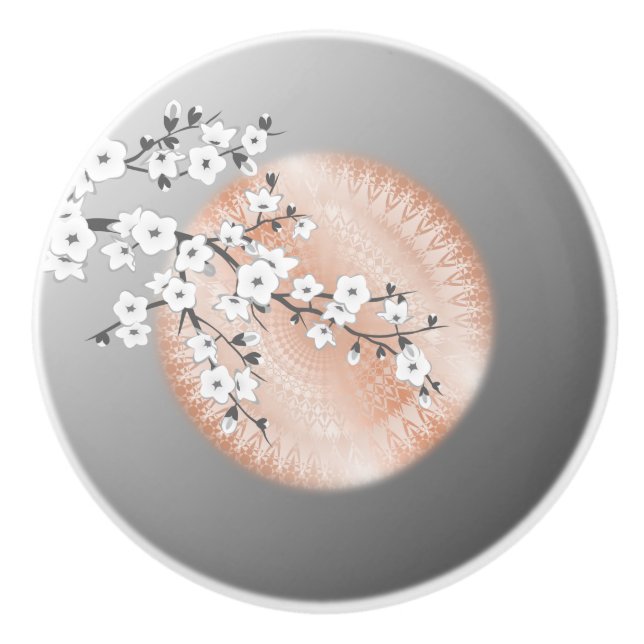 Rose Gold Mandala Grey Cherry Blossom Floral Ceramic Knob (Front)