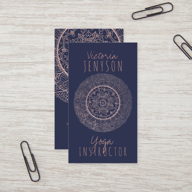 Rose gold mandala midnight blue yoga instructor business card (Front/Back In Situ)