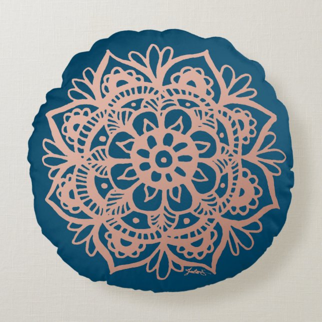 Rose Gold Mandala on Dark Blue Flower Round Cushion (Front)