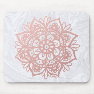 Rose Gold Mandala on White Marble Mousepad