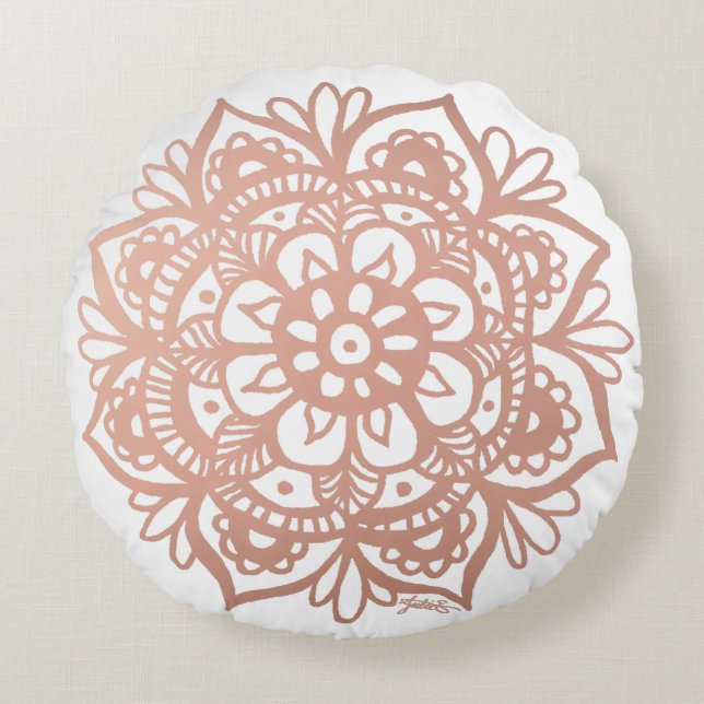 Rose Gold Mandala Pink Flower Round Pillow (Front)