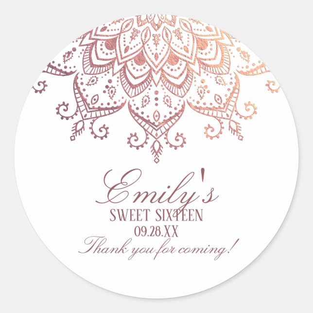 Rose Gold Mandala Sweet 16 Thank You Classic Round Sticker (Front)