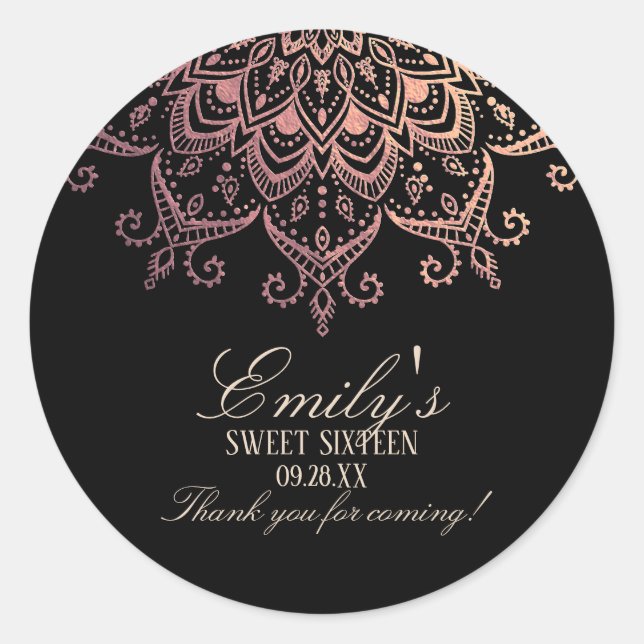 Rose Gold Mandala Sweet 16 Thank You Classic Round Sticker (Front)